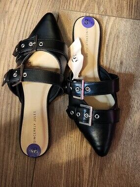 Sincerely Jules Black Pointed Double-Buckle Mules